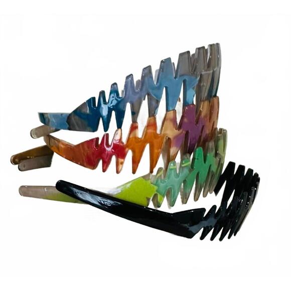 Zigzag Resin Headbands Blue Black Orange Green Made in France Set of 4 main image 2